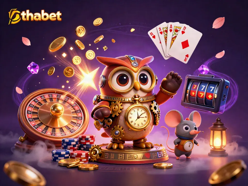 Experience thrilling gameplay at Thabet with a colorful casino scene featuring an owl and treasures.