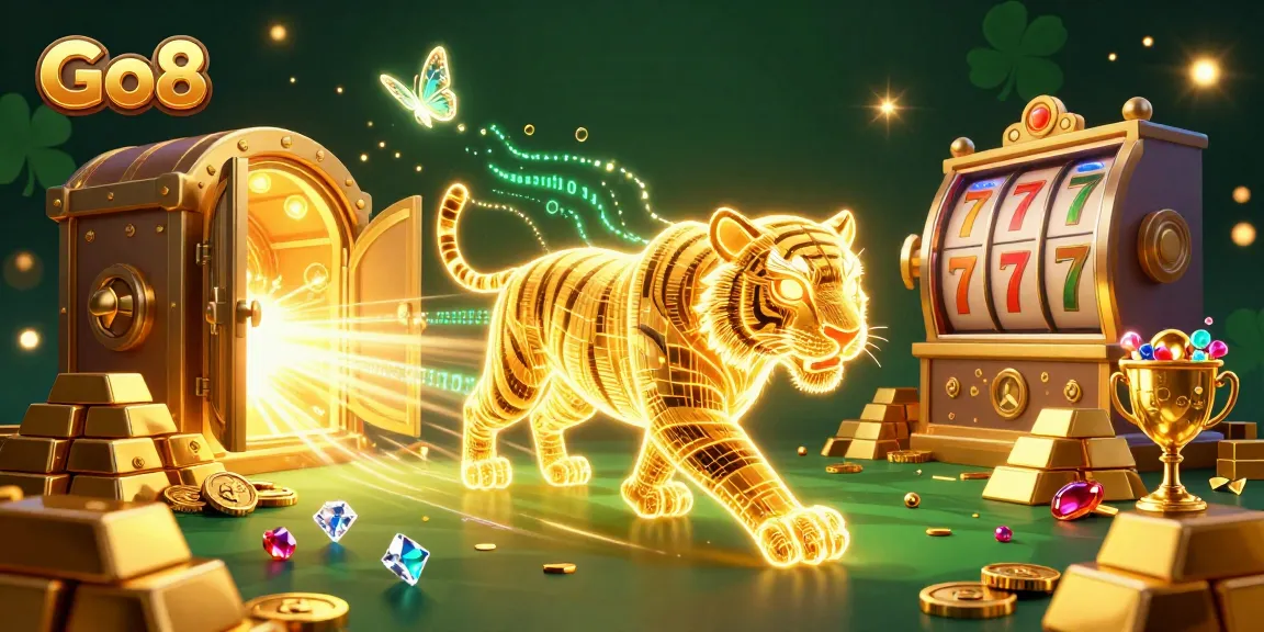 Experience excitement at Go8 casino with a golden tiger and slot elements in a vibrant digital scene.