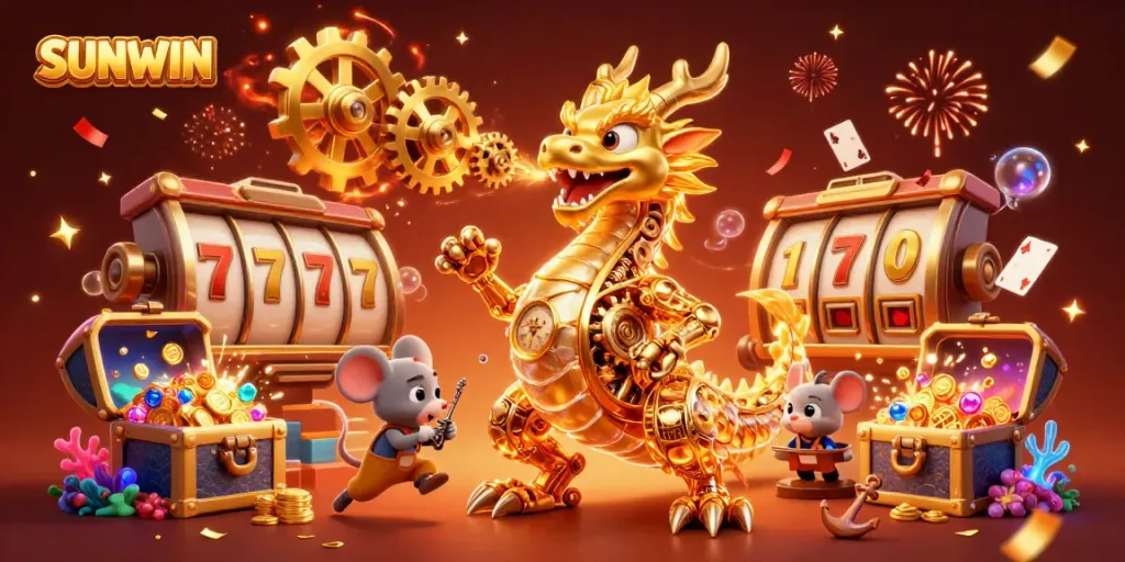 Experience the excitement of SUNWIN with a golden dragon and vibrant casino elements.