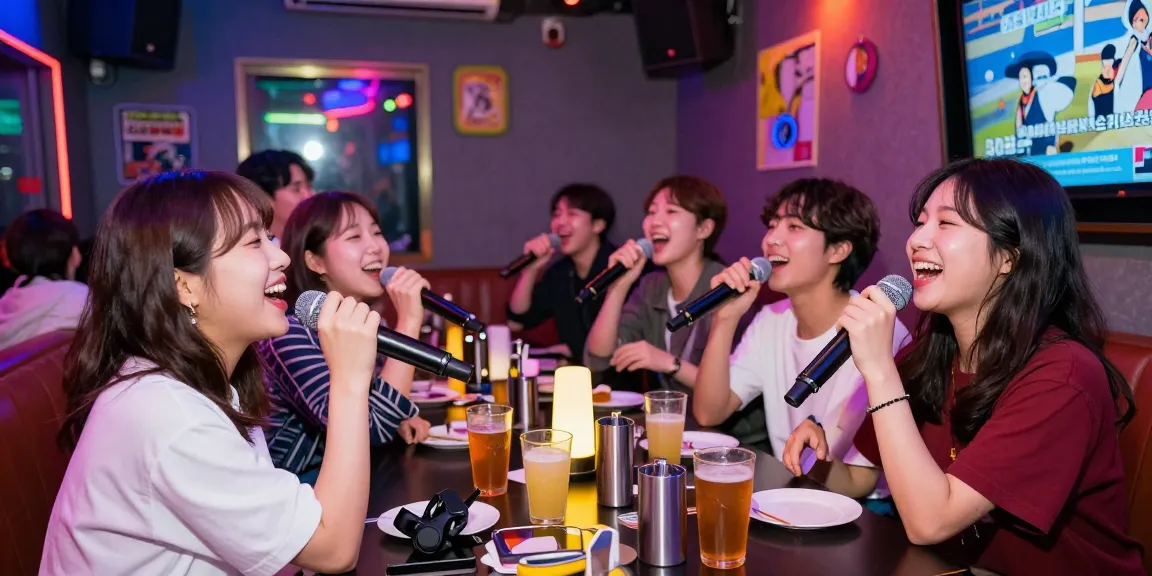 인천쓰리노에서 친구들과 즐거운 시간을 보내는 모습, 노래방 내부와 생동감 넘치는 분위기를 담은 이미지