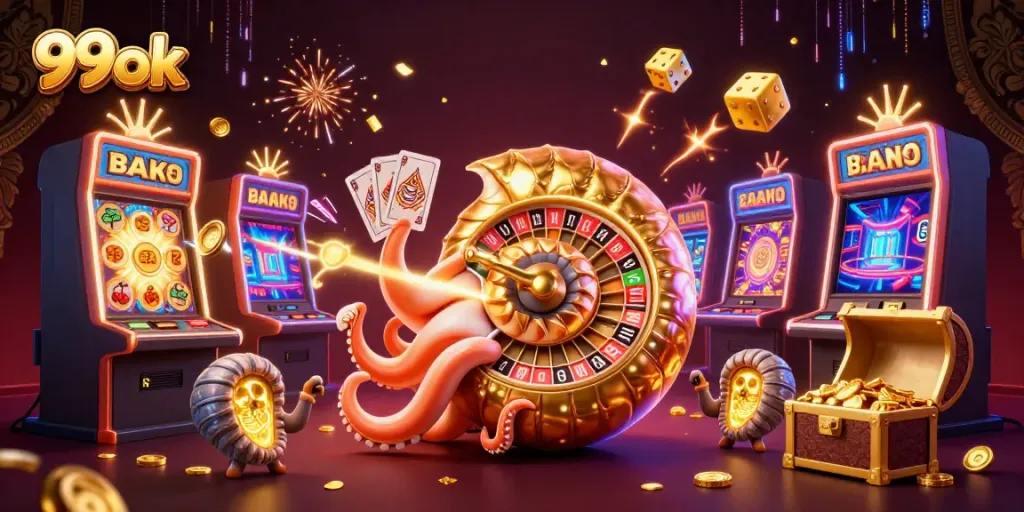 Engage in thrilling gameplay at 99ok with a dazzling giant nautilus roulette wheel and slot machine spectacle.