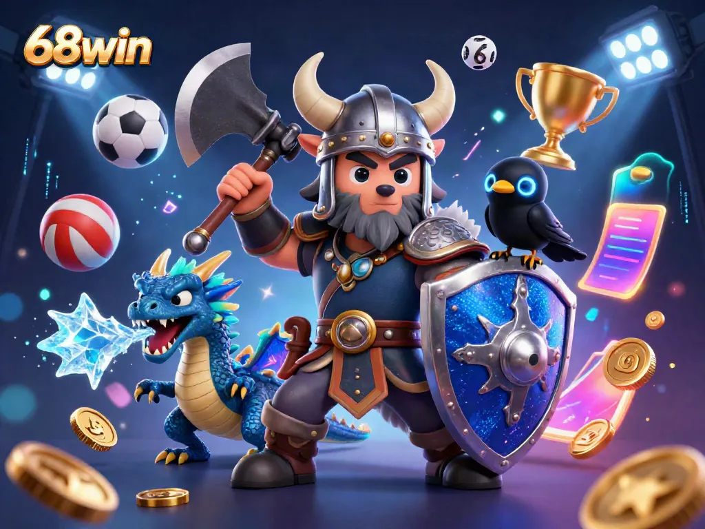 Experience the excitement of 68win with a dynamic 3D cartoon scene featuring a heroic Viking wolf warrior, an ice-breathing dragon, and energetic sports elements.
