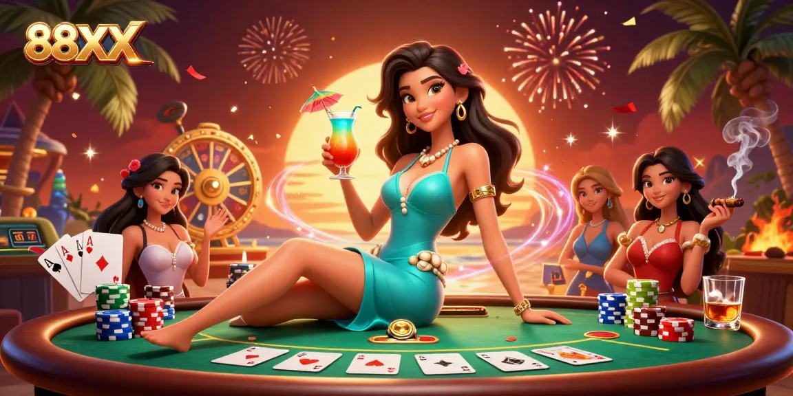 Engage with 88XX gameplay, experiencing vibrant casino elements and dramatized poker action in a stunning tropical setting.