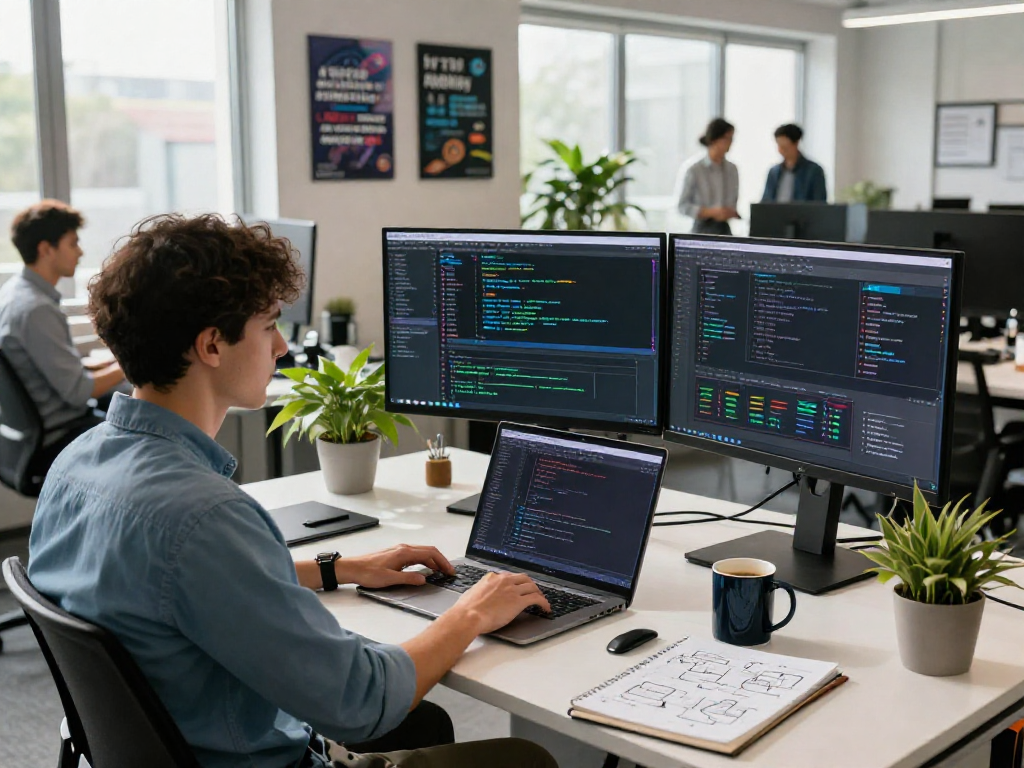 Detect AI image and content moderation in an innovative office setup showcasing advanced technology.