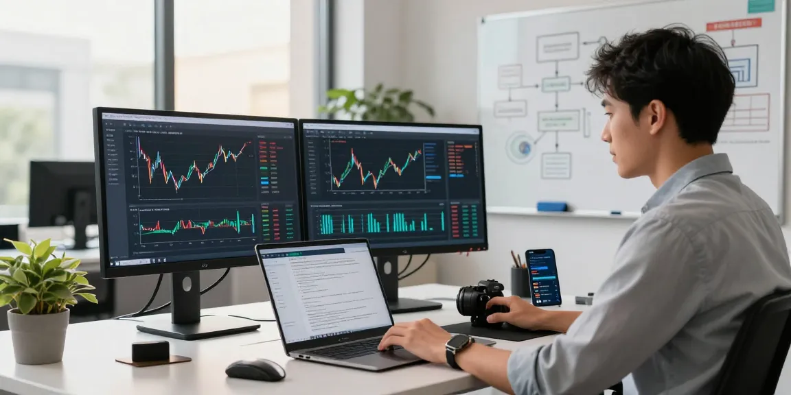 Developer utilizing financial data API at a modern office workstation with real-time charts and coding.