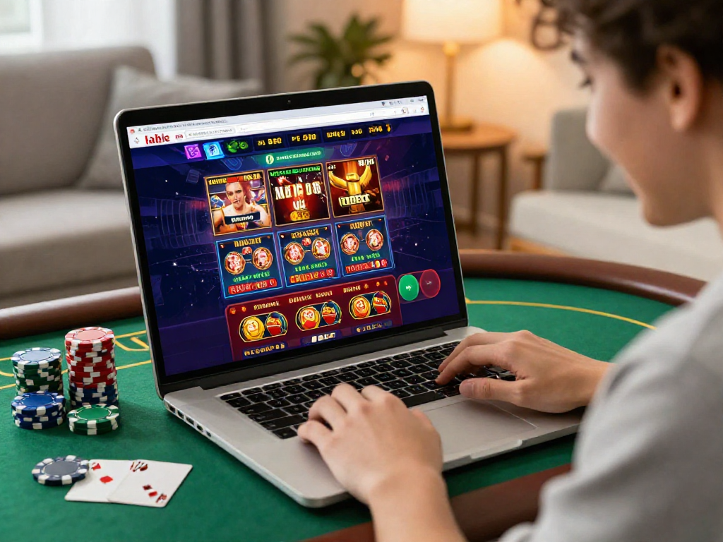Giocatore che si diverte su un casino online non AAMS, circondato da simboli del gioco come fiches e carte, in un ambiente accogliente.
