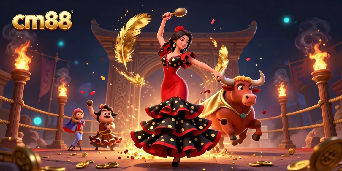 Experience cm88 with an exciting 3D illustration of a flamenco dancer and a fighting bull amidst casino-themed elements.