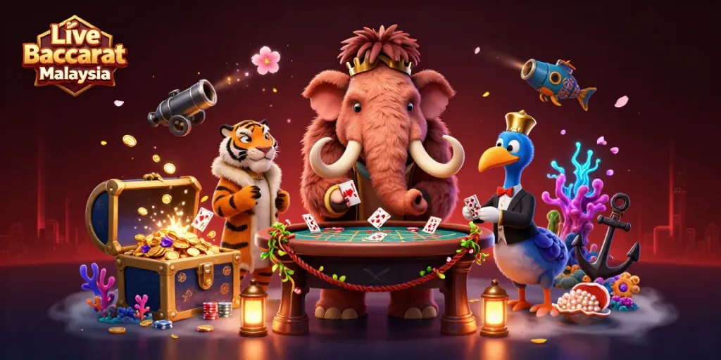 Enjoy thrilling Live Baccarat Malaysia action with a vibrant casino scene featuring dynamic characters and game elements.