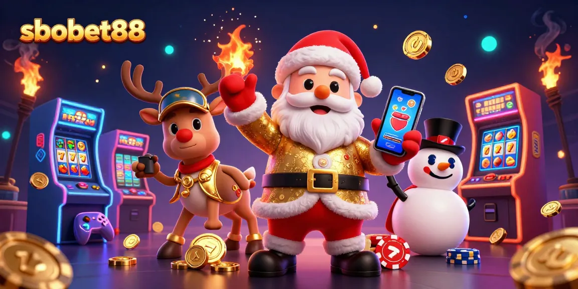 Engage with sbobet88 slots as Santa celebrates wins with friends in a festive casino.