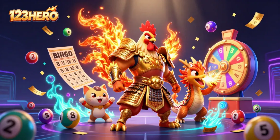 Experience the excitement of gaming with 123HERO, featuring dynamic lottery elements and vibrant characters.
