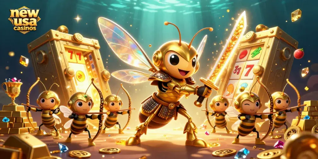 Engage with exciting new usa casinos featuring a vibrant 3D samurai hornet amidst dazzling treasures and slots.