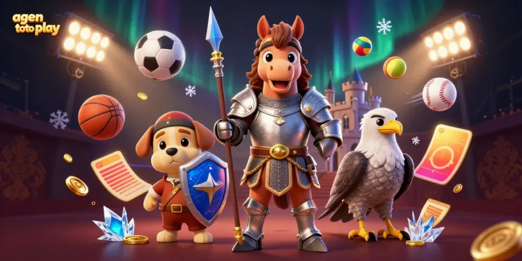 Engage in thrilling betting with agen toto play as knights, sports elements, and festive lights combine.