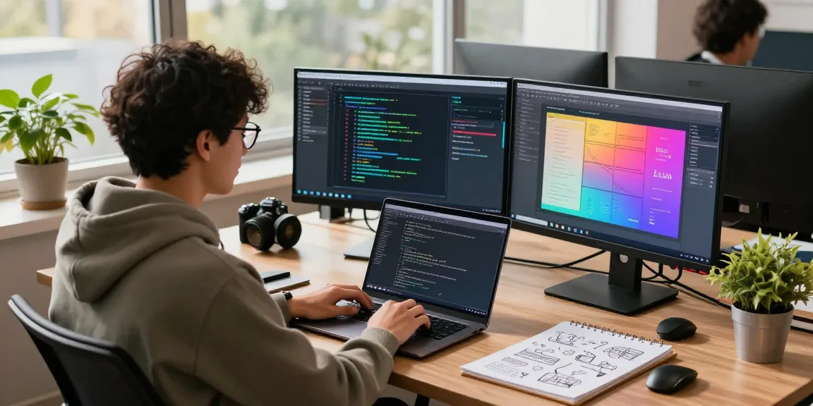 Developer coding at the vibrant workspace for telegramin-cn.com, showcasing dual monitors and coding tools.