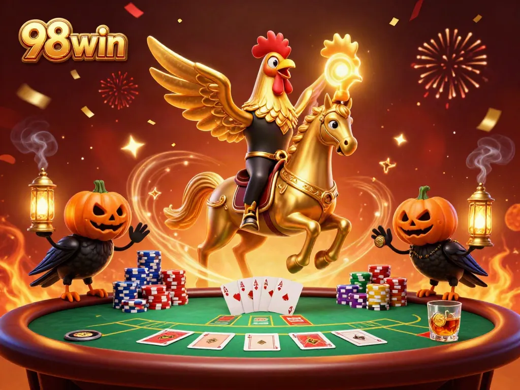 Engage in thrilling victories with 98win in a vibrant casino scene featuring dynamic characters and gaming elements.