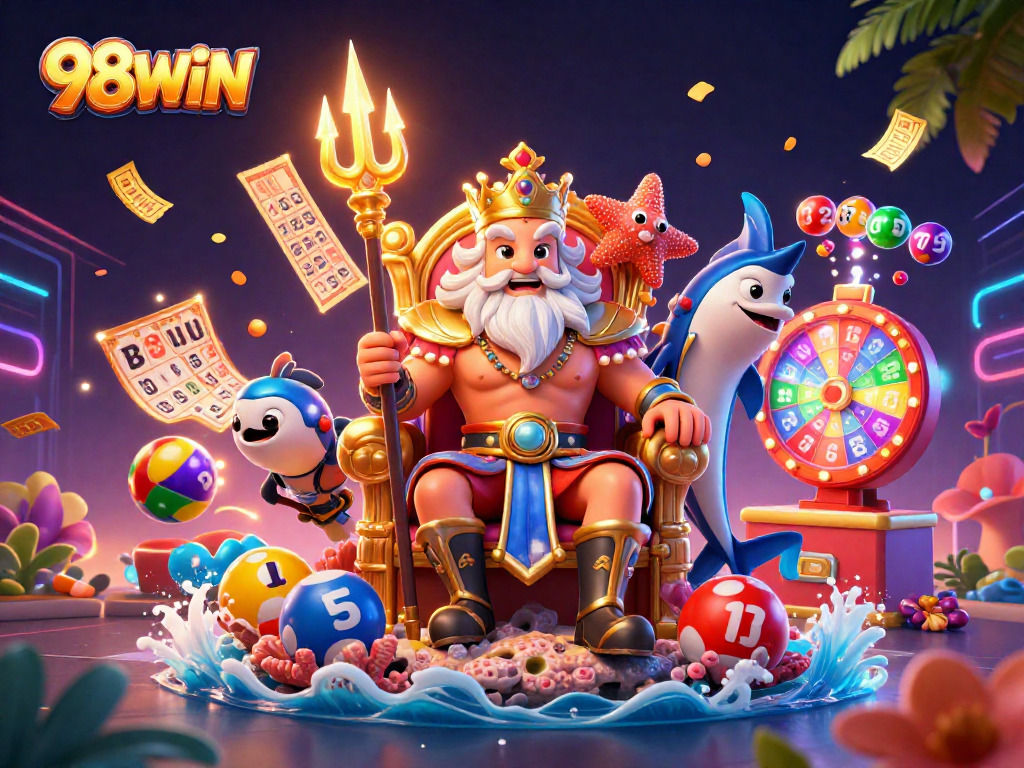 Experience thrilling gaming at 98WIN with vibrant lottery elements and dynamic characters.
