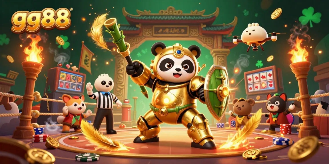 Engage in thrilling slots at gg88, featuring a golden panda in a vibrant 3D casino arena.