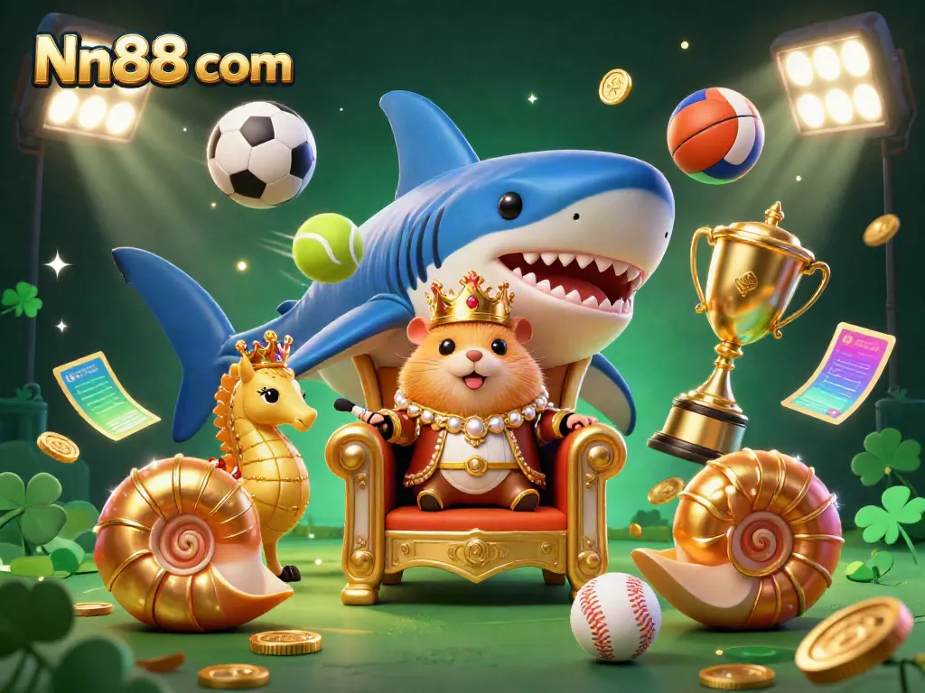 Engage with the vibrant casino world at Nn88 com featuring a golden hamster king and dynamic sports elements.