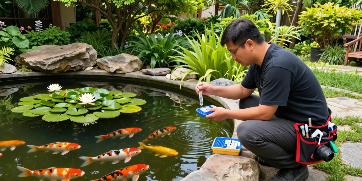 Pond specialist testing water quality in a serene garden pond surrounded by greenery and koi fish.