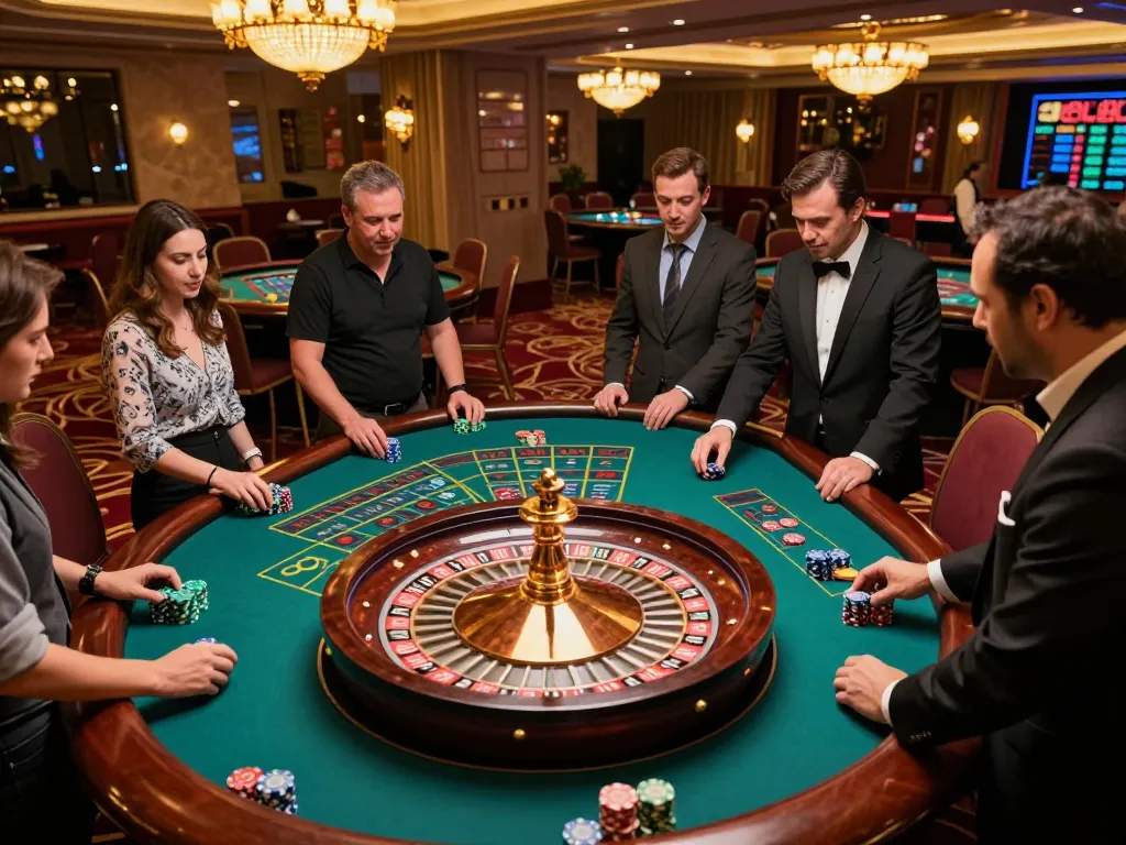 Players engaged in da88 roulette game at an upscale casino, showcasing vibrant chips and a spinning wheel.