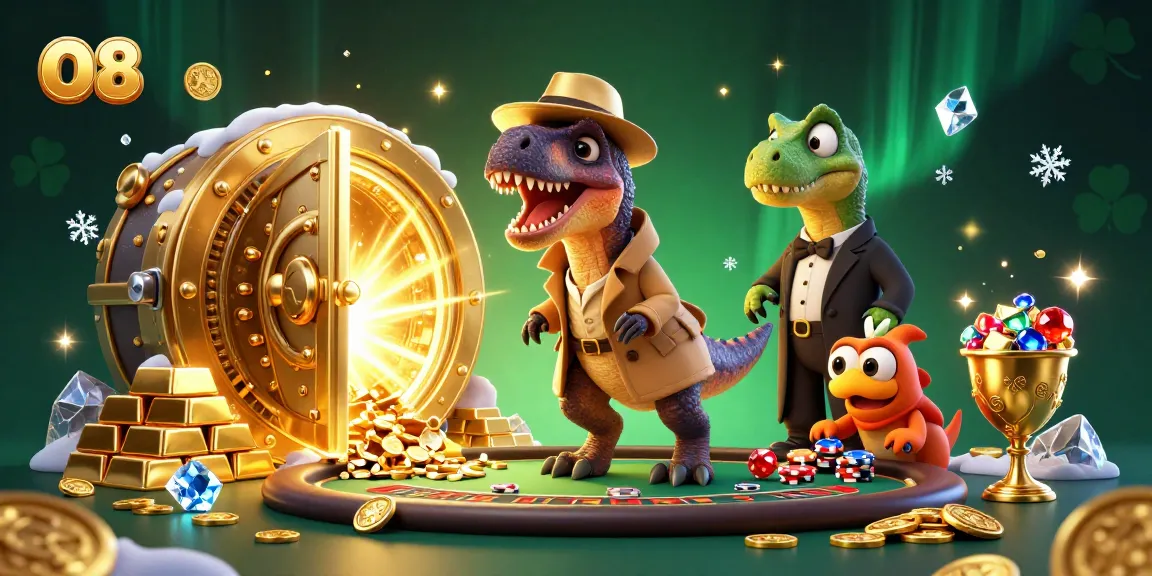Experience thrilling gaming at O8 with a cartoon velociraptor attempting blackjack under watchful eyes.