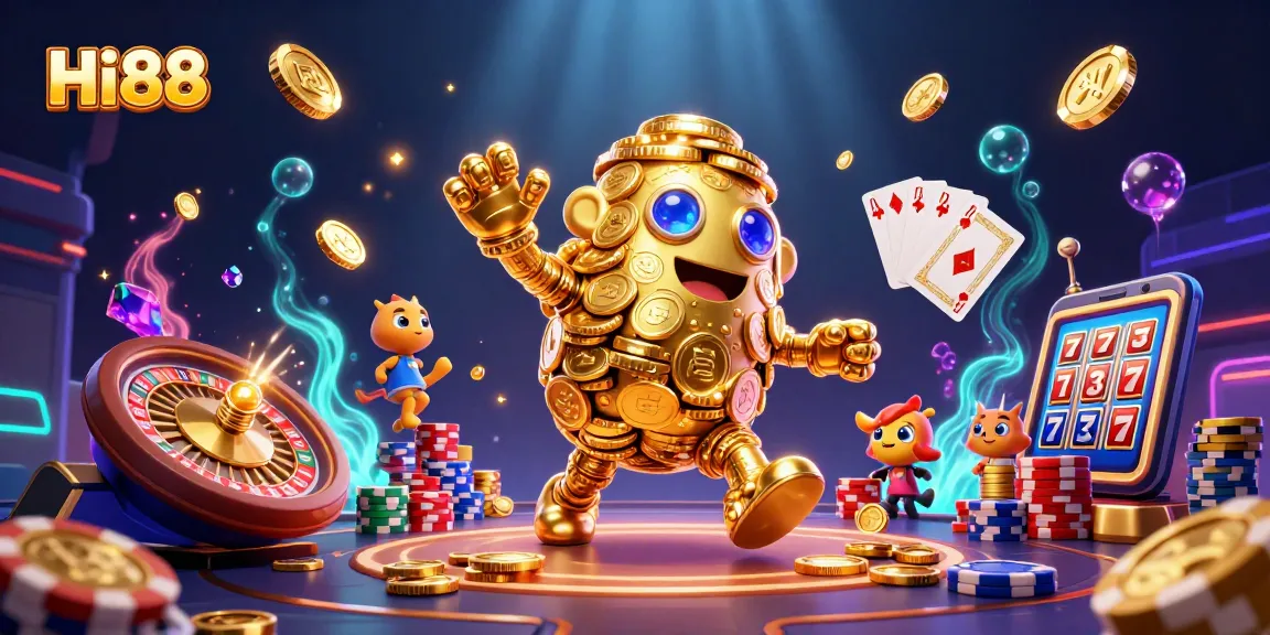 Experience the excitement of Hi88 with a vibrant casino scene featuring a golden golem and dynamic gambling elements.