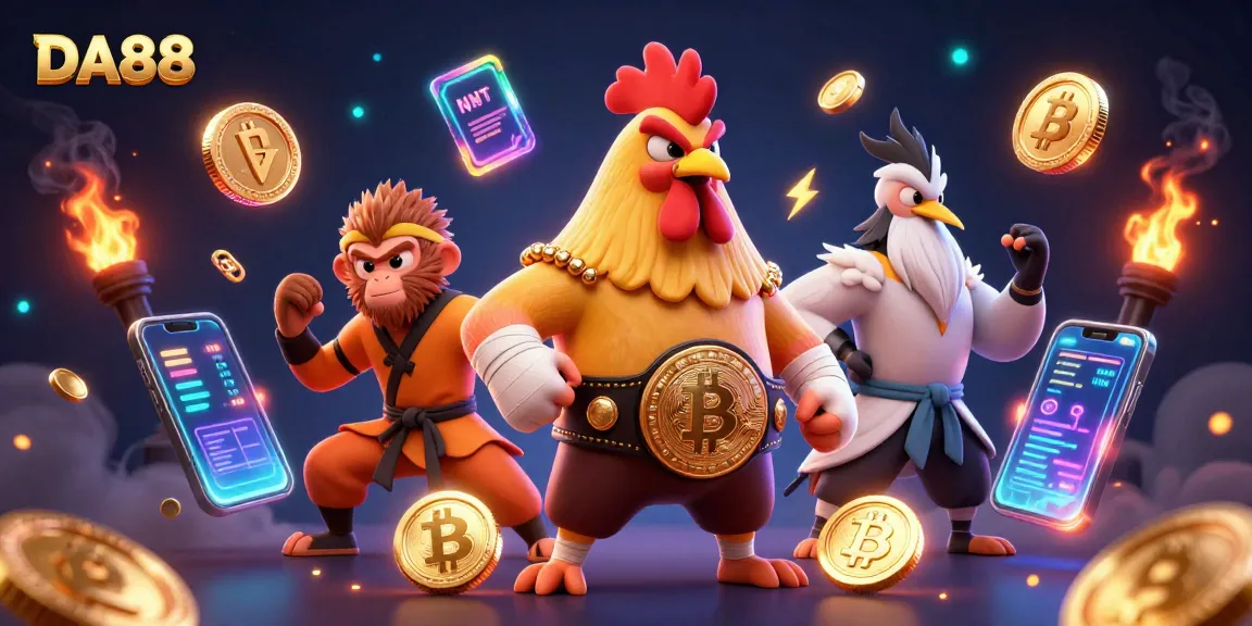 DA88 gambling illustration showcases Muay Thai and martial arts characters with crypto elements.