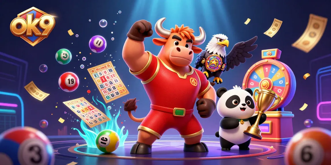 ok9 players celebrate wins with a vibrant 3D casino scene featuring a bull, eagle, and panda.