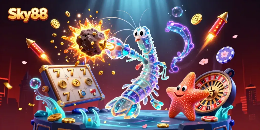 Experience thrilling wins at Sky88, featuring vibrant 3D casino elements and animated action.