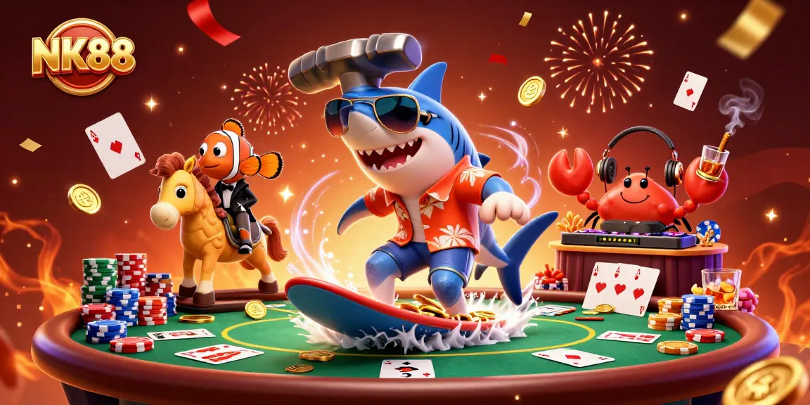 Engage with the thrilling world of NK88, showcasing a fun 3D casino scene with vibrant characters and poker elements.