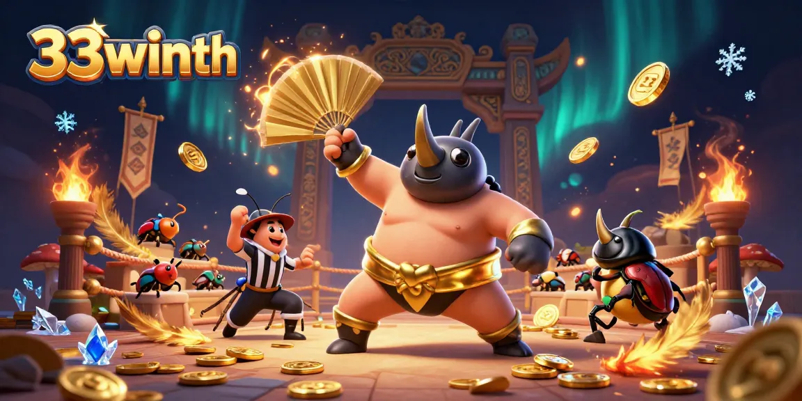 Experience the thrilling gameplay of 33winth as a rhinoceros beetle sumo champion stomps for golden coins.