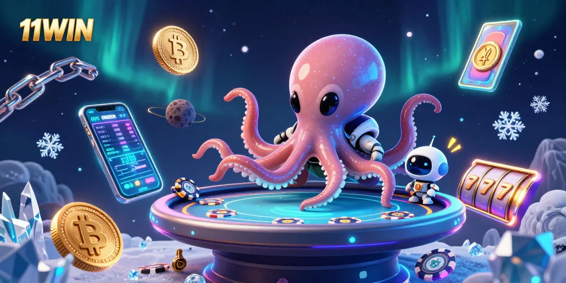 Win big at 11WIN with vibrant alien octopus poker scene highlighting crypto elements.