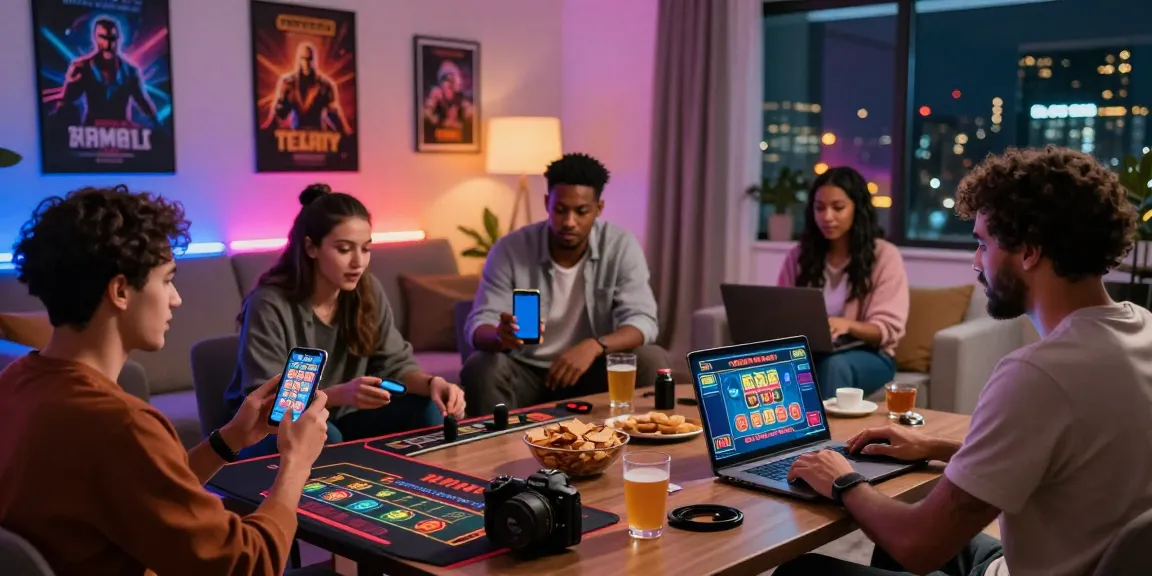 Exciting online gaming moment at https://ukspace2017.co.uk/ depicting players engaged with smartphones and laptops in a vibrant living room.