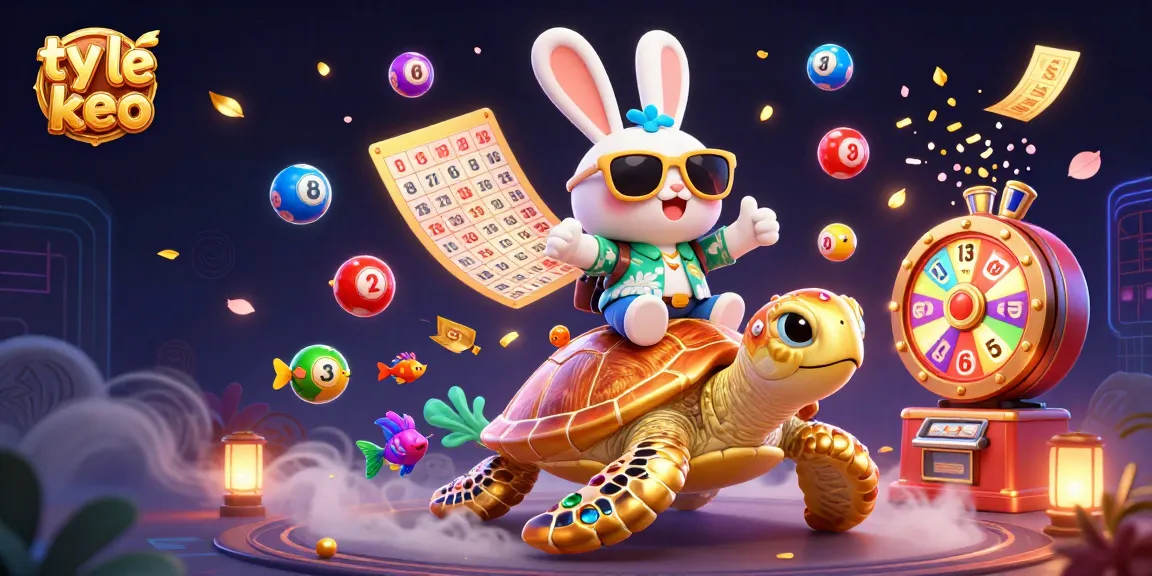 Experience the thrill of ty le keo with an adorable lucky rabbit and golden turtle in a vibrant scene.