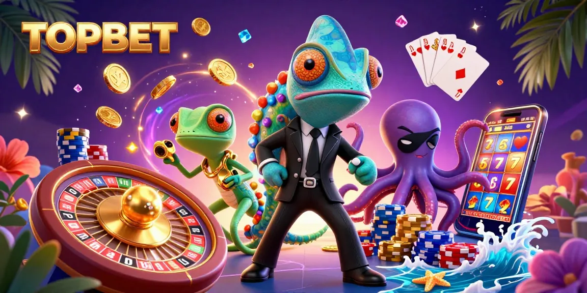 Experience the thrill of gaming with TOPBET's dynamic scene featuring colorful elements and action-packed characters.