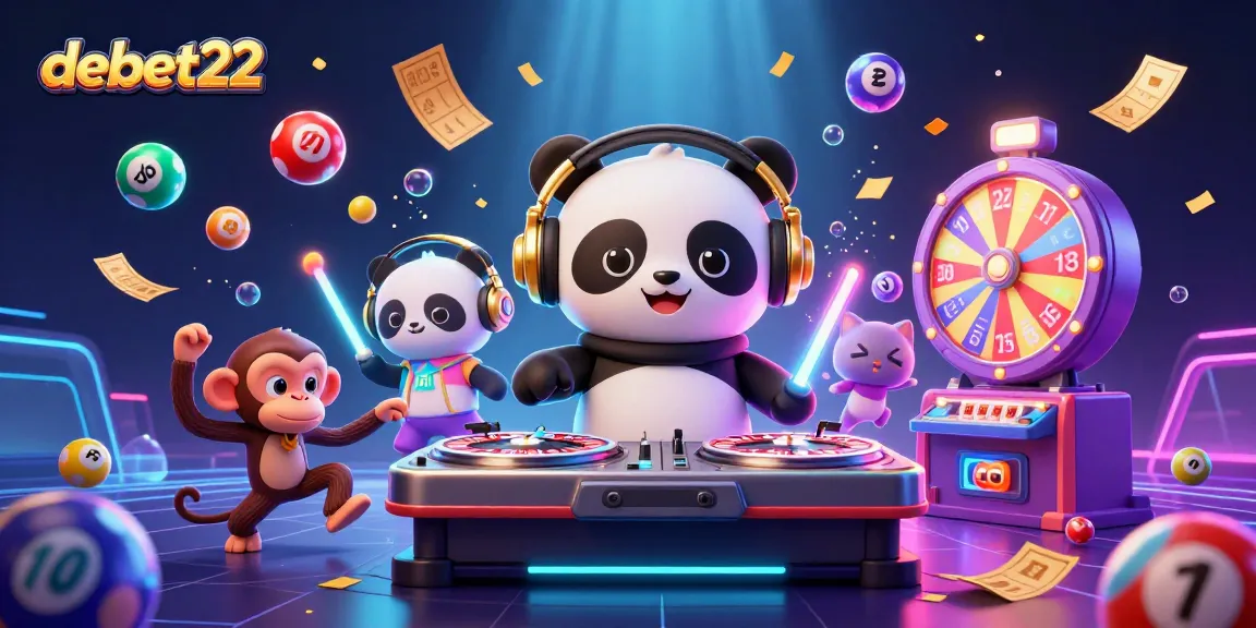Join the vibrant world of debet22, where a DJ panda and friends celebrate casino gaming with colorful lottery and bingo elements.