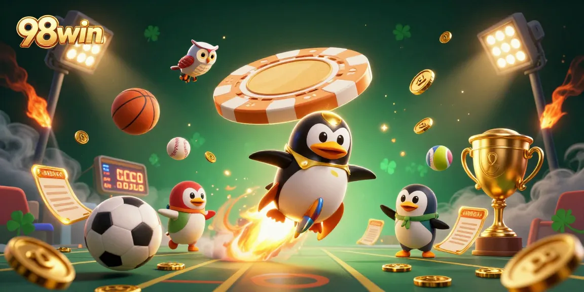 Join the excitement at 98win while the golden penguin blasts towards a dynamic casino space.