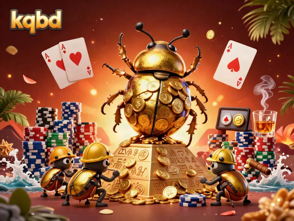 Engage with kqbd as a golden dung beetle rolls coins in a vibrant casino scene.