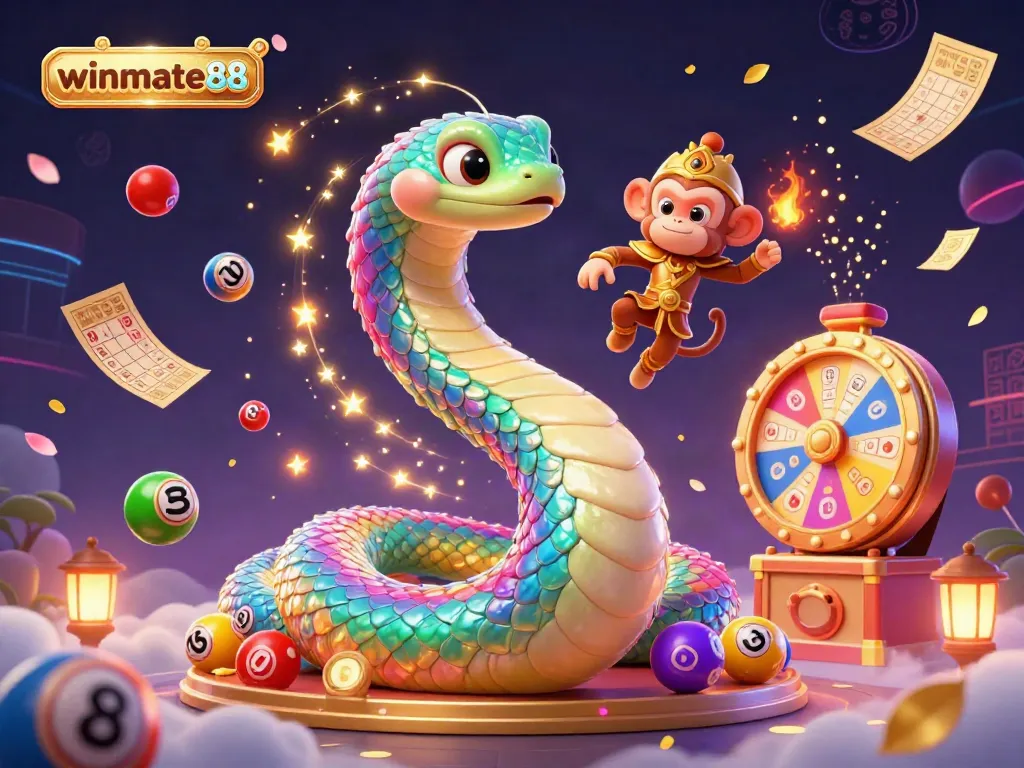Experience the excitement of winmate88 with vibrant lottery elements and a mythical scene.