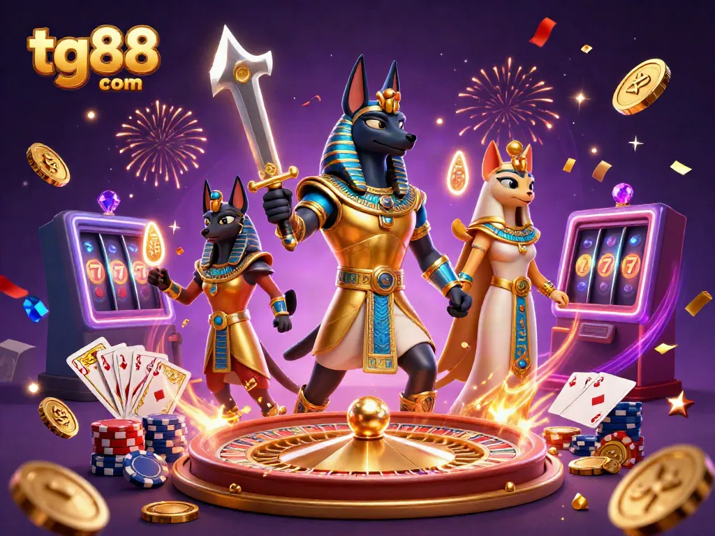 Experience excitement with tg88 com as Anubis and Bastet celebrate casino wins in a vivid 3D scene.
