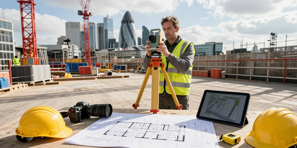 Measured building surveys london in action with surveyor using laser scanner on urban construction site.