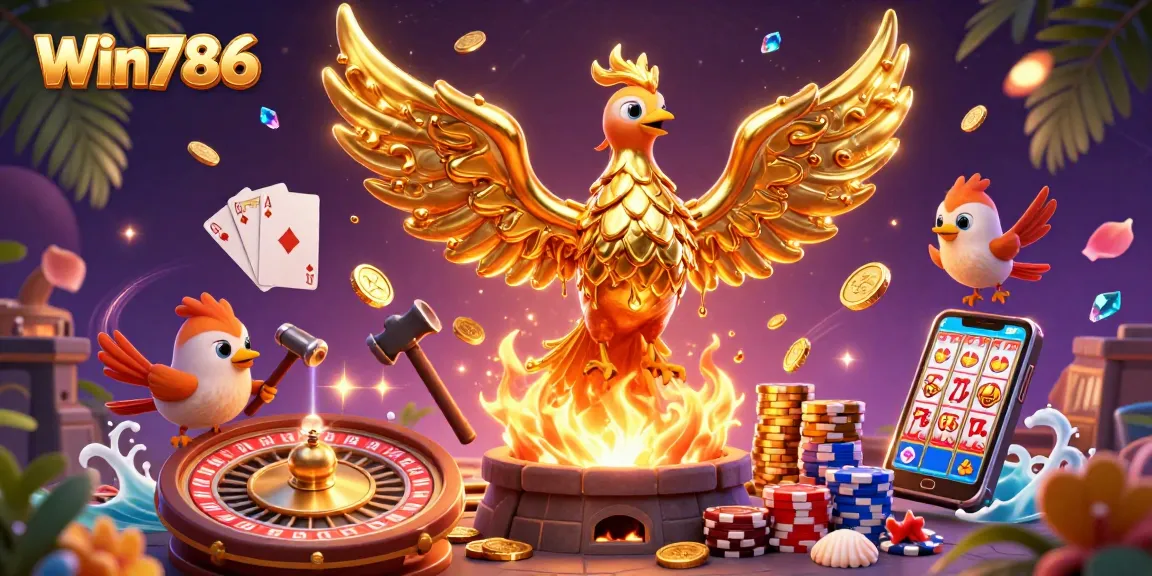 Experience the thrill of gaming at Win786 with vibrant 3D casino artwork showcasing a golden phoenix and dynamic game elements.