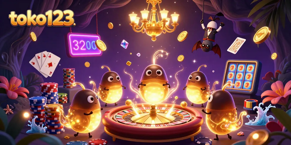 Engage with the vibrant casino scene at toko123, featuring cartoon glowworms and a bat dealer.