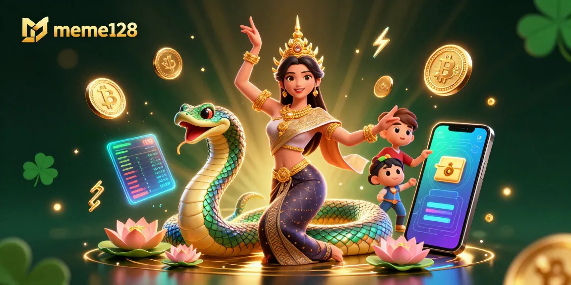 Engage in thrilling gaming experiences at meme128 with a vibrant 3D scene of traditional artistry and crypto elements.