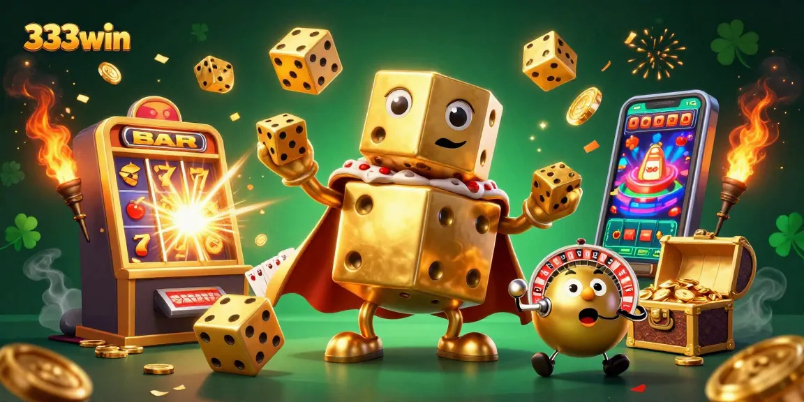 Engage with 333win's exciting casino action featuring dynamic golden dice and vibrant jackpot bursts.