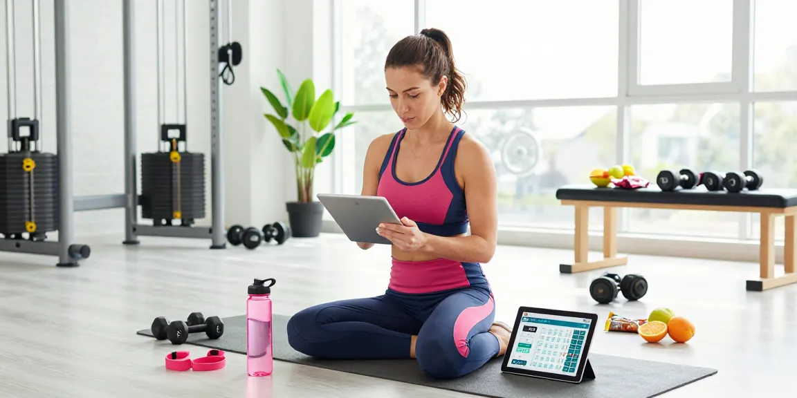 Engaging fitness scene with a woman using a Calorie Burn Calculator on a tablet in a bright gym environment.