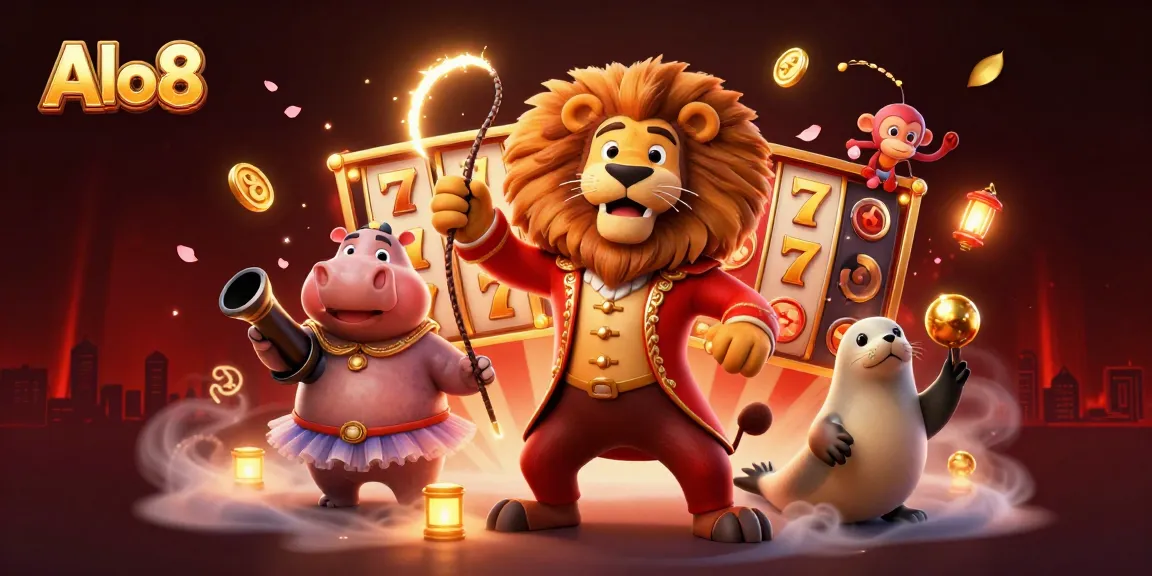 Alo8 showcases a vibrant 3D casino scene with a ringmaster lion and elements of gaming excitement.