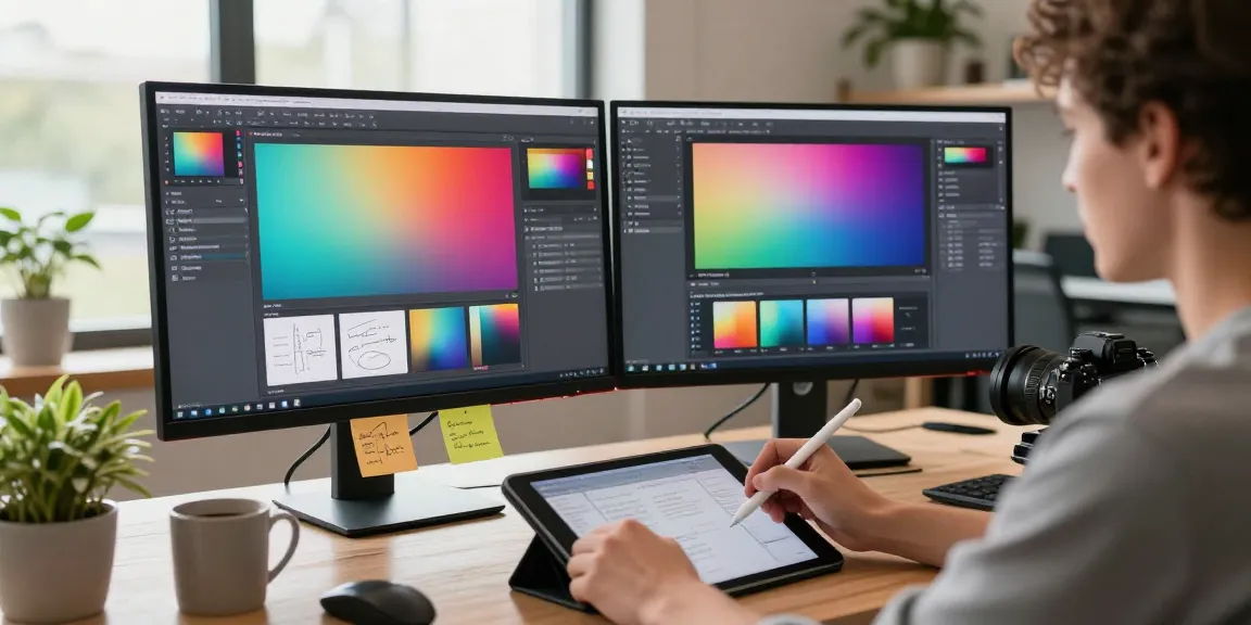 Designer using 截图软件 on dual monitors in a bright workspace, enhancing creativity.