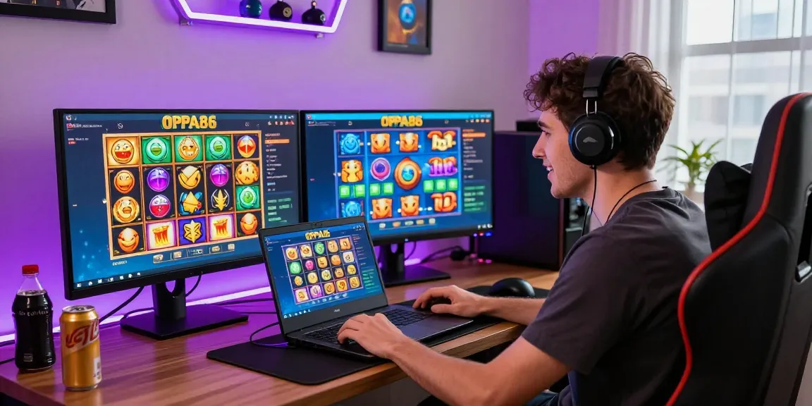 Exciting gaming scene showing a player using OPPA86’s online slot site with vibrant symbols and neon lights.