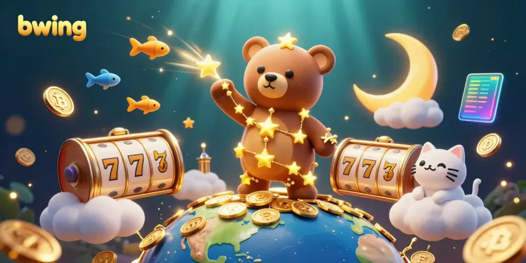 Experience thrilling gameplay with bwing's online slots amidst vibrant cosmic characters.