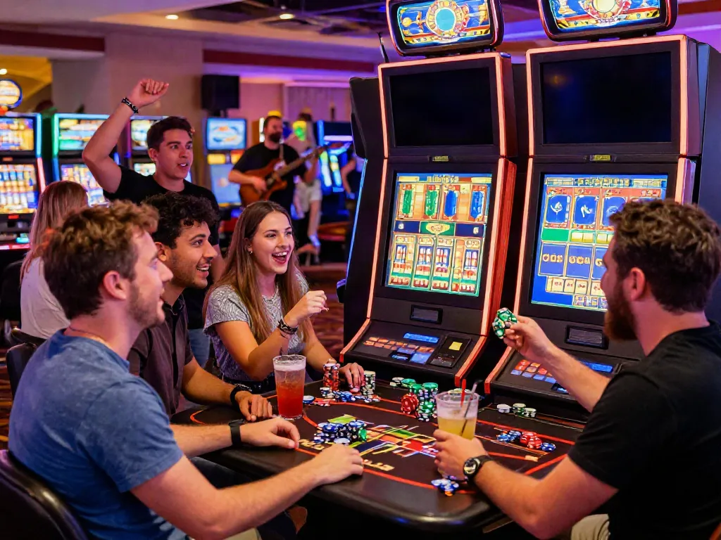 Friends enjoying the thrill of a Casino sans Depot experience at a vibrant slot machine.